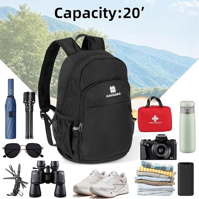 Lightweight Packable Small Hiking Backpack for Women Men - 20L Waterproof Foldable Daypack for Travel, Hiking, and Daily Use, Adjustable Chest Strap, Durable Nylon, Black