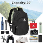 Lightweight Packable Small Hiking Backpack for Women Men - 20L Waterproof Foldable Daypack for Travel, Hiking, and Daily Use, Adjustable Chest Strap, Durable Nylon, Black