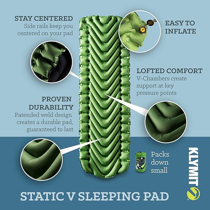 Klymit Static V Luxe and Static V Inflatable Sleeping Pads Bundle with V-Shaped Design for Comfortable Camping