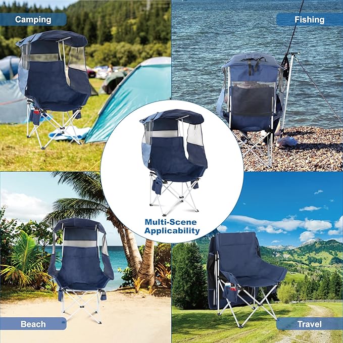 Folding Camping Chairs Canopy Outdoor: Sports Portable Beach Chair with Canopy-Lawn Beach Chairs with Umbrella for Adults-Camping Chair with Shade for Fishing Camp Heavy Duty (Regular, Navy Blue)