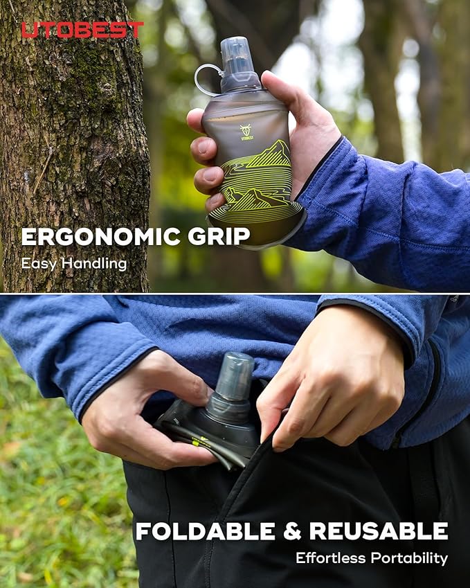 UTOBEST 200ml Soft Flask, 2 Pack Flexible TPU Hydration Water Bottle, Collapsible with 28mm Caliber for Running, Hiking, Cycling, Climbing, and Marathon Green