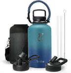 Trebo Insulated Water Bottle 64 oz, Half Gallon Metal Vacuum Water Jug with Handle and 3 Lids, Leakproof BPA-Free Water Flask for Gym Sports Hiking Travel, Keep Cold 48 Hours, Cyan Blue