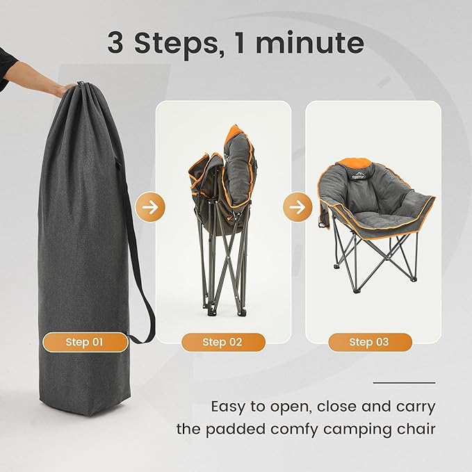 Oversized Padded Comfy Camping Chair for Adults, Portable Padded Lawn Chair, Weight Capacity 400 LBS, Heavy Duty Moon Leisure Folding Chair for Camping, Hiking, Carry Bag, Orange (2 Pack)