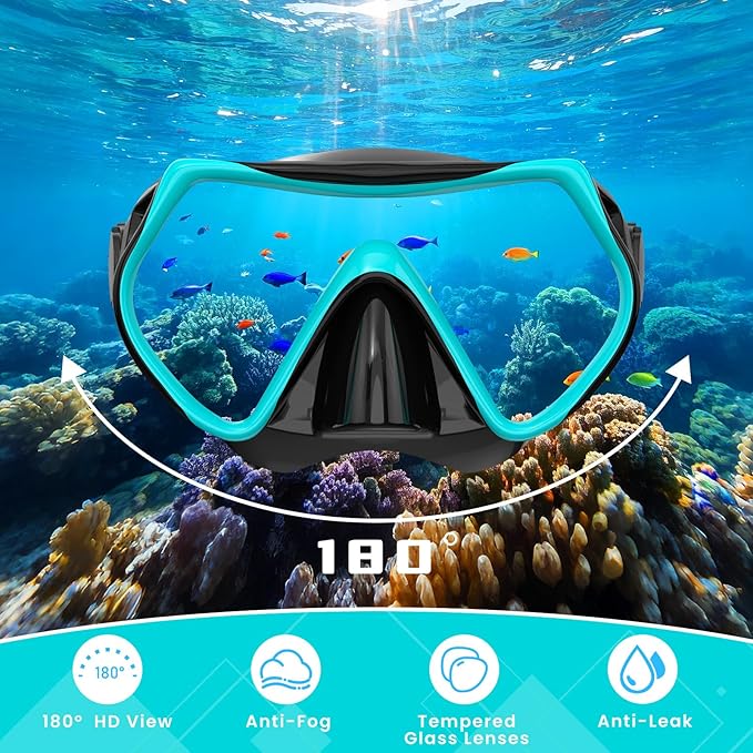 Snorkeling Gear for Adults, Adult Snorkel Mask Set Scuba Diving Dry-Top, Swimming Goggles w/Nose Cover, HD Tempered Glass Panoramic Anti-Leak Anti-Fog, Travel Snorkeling Packages Storage Bag, 2 Pack