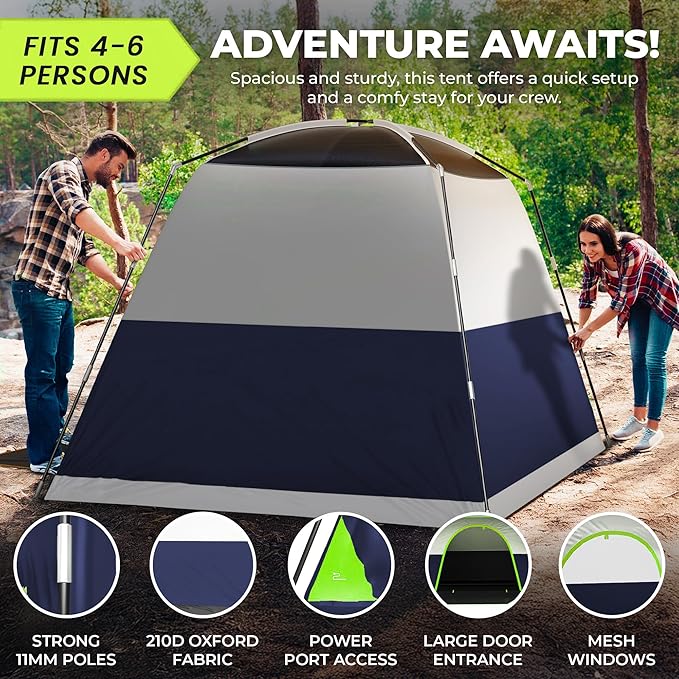 ArkTrek 6 Person Tents for Camping-Robust Family Camping Tent Cabin w Ground Sheet, Rainfly Cover, Powerport-Comfy Large Quick, Waterproof Pop up Camping Tent for Picnics Fishing Hiking