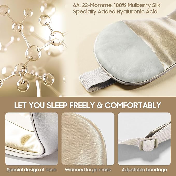 Sleep Mask 100% Mulberry Silk for Light Blocking, ZOESMIEN Eye Mask for Women Men Side Sleeper, Puffiness Dry Eyes Headache, Adjustable Strap, Christmas Gift Package, Champagne Gold