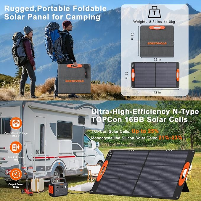N-Type 16BB 100W Portable Solar Panel 18V ETFE Portable Foldable Solar Charger NextGen 25% High Conversion Folding Solar Panel for Camping Outdoor RV