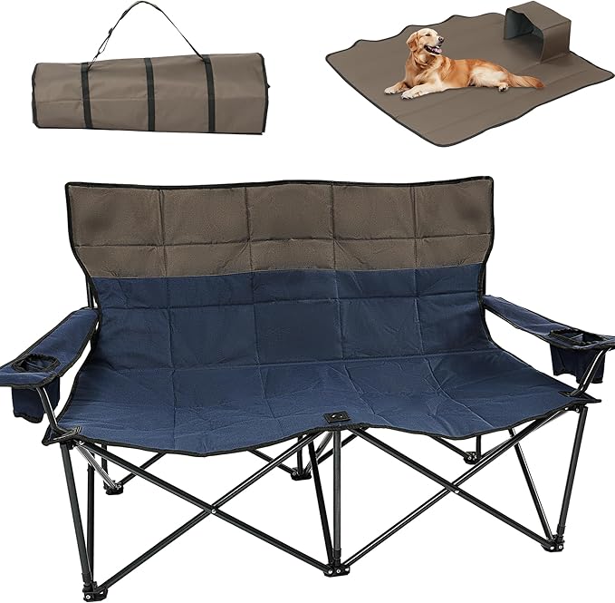 Oversized Double Camping Chairs, Folding Outdoor Chairs with Padded Roll Tote, Heavy Duty Camping Chair for Beach, Lawn, Fishing, and Sports (Blue+Gray)