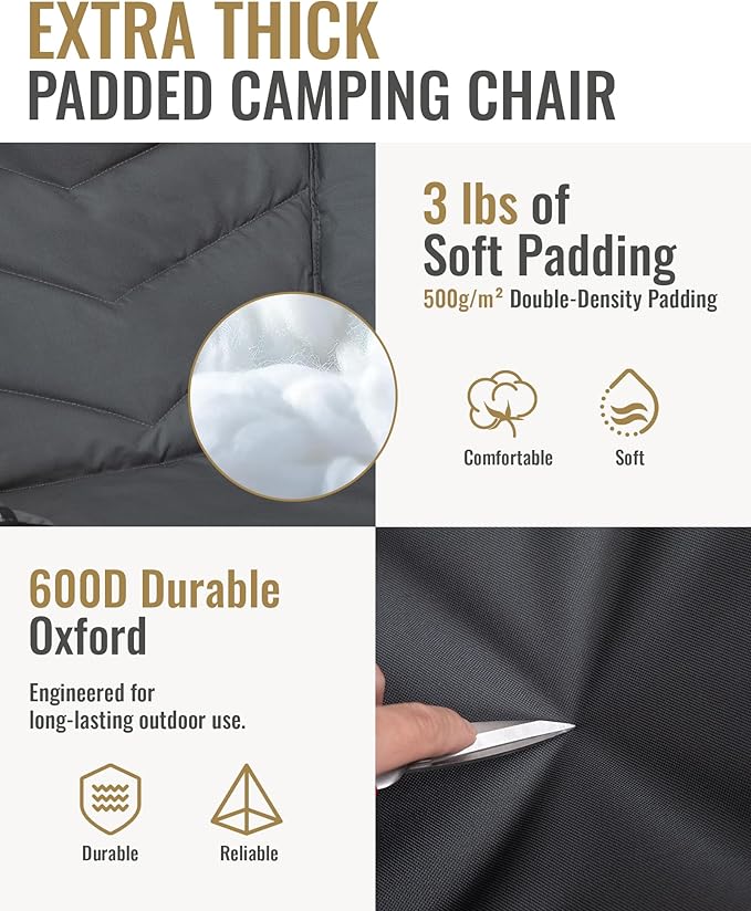 KingCamp Oversized XL Camping Chair, Heavy Duty 500lbs Folding Couch for Adults, Padded Large Comfortable Sofa Seat with Cooler Bag Cup Holder for Outdoor Sports Fishing Patio Lawn, Black/Grey