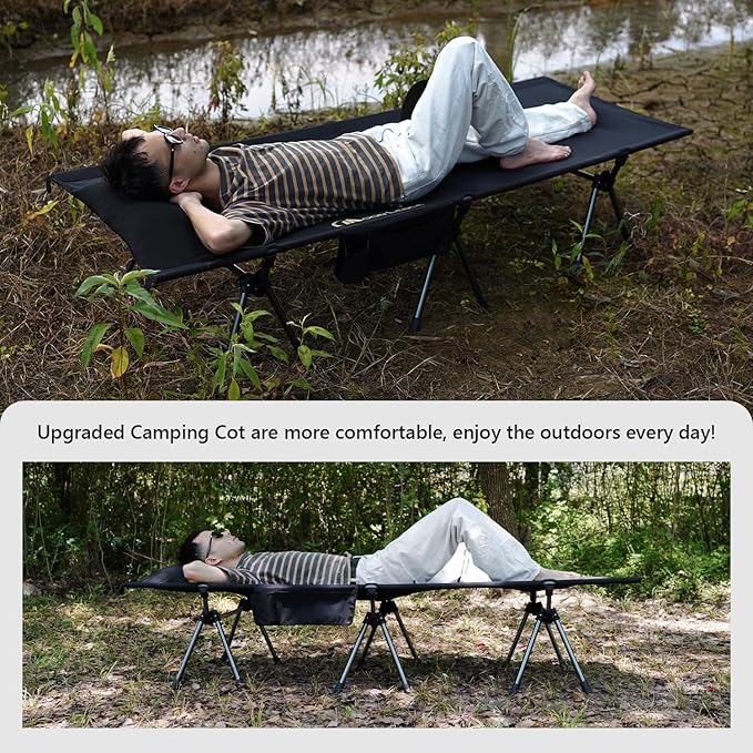 MOON LENCE Height Adjustable Camping Cot - Supports 330 lbs, Portable Folding Bed with Leg Extenders for Camping, Hiking, Sleeping, 1 Pack, Black