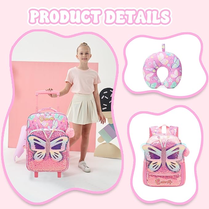 Kids Carry On Luggage with Wheels Softside Kids Suitcase for Girls Airline Approved & Girls Multi-function Carry Bag 4pcs Set