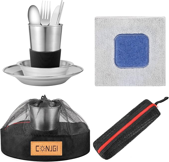 Outdoor Camping Mess Kit - 1 to 2 persons Camping Dishes Includes Cups, Bowls, Dishes, Knives, Forks, Spoons, Etc, Camping Dinnerware Set with Mesh Bag is Easy to Carry Camping Tableware Set