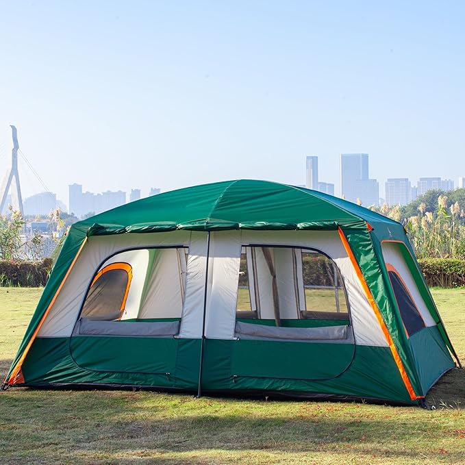 KTT Large Family Cabin Tent 10-12 Person,14.1X10X6.58ft,2 Rooms,3 Storage Pockets,2 Bay-Windows 3 Doors and 3 Windows with Mesh,Straight Wall,Waterproof,Double Layer,Big Tent for Outdoor,Camping