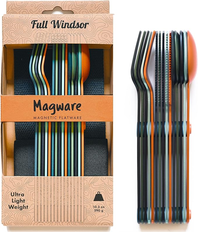 FULL WINDSOR - MAGWARE Magnetic Camping Cutlery Set - Travel Utensils for Camping, Cooking, and Outdoor Dining - Knife, Fork & Spoon - Portable Silverware with Pouch - Multicolor (15 PCS)