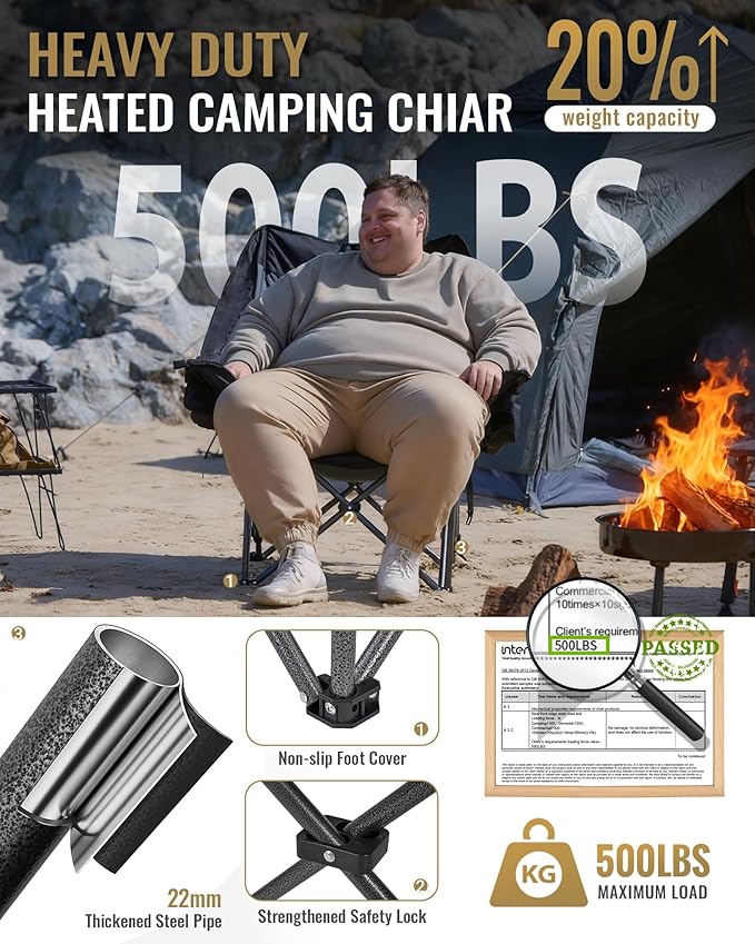 KingCamp Heated Oversized XL Camping Chair, Heavy Duty 500lbs Folding Couch for Adults, Padded Large Comfortable Sofa Seat 3 Heat Levels with Cooler Bag for Outdoor Sports Fishing Lawn, Black/Grey
