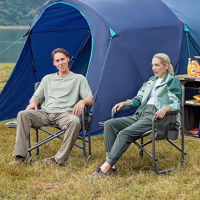 TIMBER RIDGE Aluminum Oversized Camping Chair, Lightweight Portable Directors Chair with Side Table Detachable Side Pocket for Outdoor Camping, Lawn, Picnic, Support 400lbs Grey 2 Pack