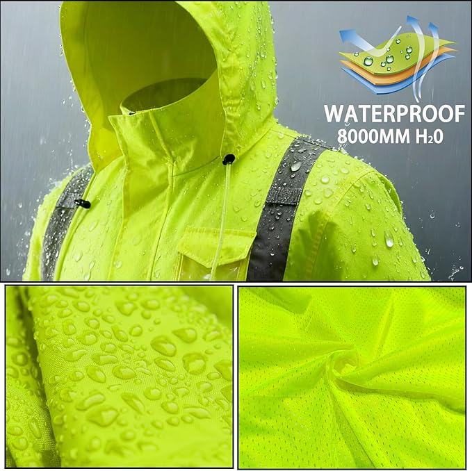Hi Vis Class 3 Safety Rain Jacket for Men Waterproof, Reflective High Visibility Rain Gear Construction Rain Suit (Yellow 2XL/3XL)