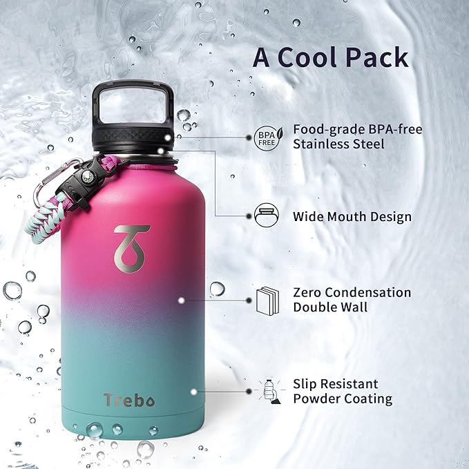 Trebo Insulated Water Bottle 64 oz, Half Gallon Metal Vacuum Water Jug with Paracord Handle and 3 Lids, Leakproof BPA-Free Flask for Gym Sports Hiking Travel, Keep Cold 48 Hours, Rose Red