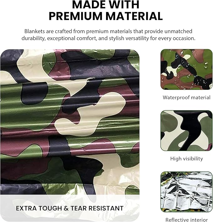Primacare CB-6842-10 Pack of 10 Emergency Foil Mylar Thermal Blanket Camouflage, 84" Length x 52" Width