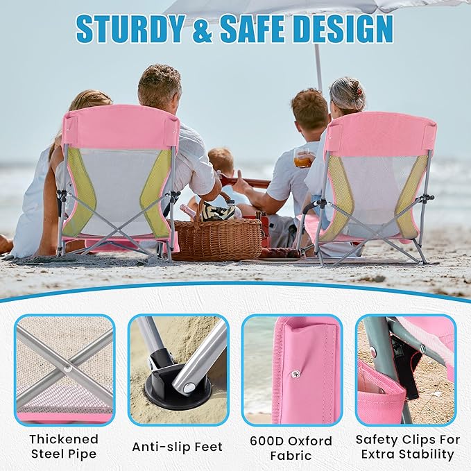 Lamberia Folding Beach Chair for Adults 2 Pack, Portable Low Beach Chairs with 300lbs Capacity, Lightweight Fodable Camping Chair for Travel, Picnic, Concert & Outdoor Activities,Pink-Yellow
