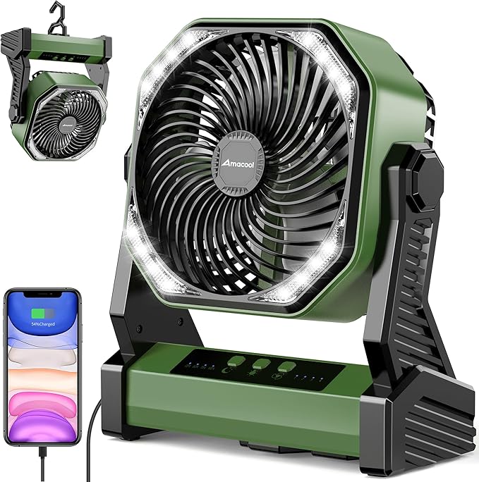 Portable Battery Operated Fan, 20000mAh Rechargeable Camping Fan, 58H Cooling, Tilt Head, 4 Speed Floor Fan with LED Light and Hook for Tent Car Travel Jobsite Fishing Outdoor Hurricane Power Outage