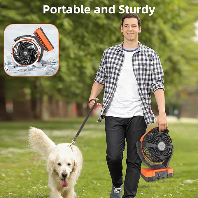 PANERGY Camping Fan with Light - 20000mAh Rechargeable Battery Fan with Charger, 70Hrs Cooling Time, 4 Speeds, 110° Auto Oscillation & 270° Pivot Design with Hook for Camping/Power Outage/Hurricane
