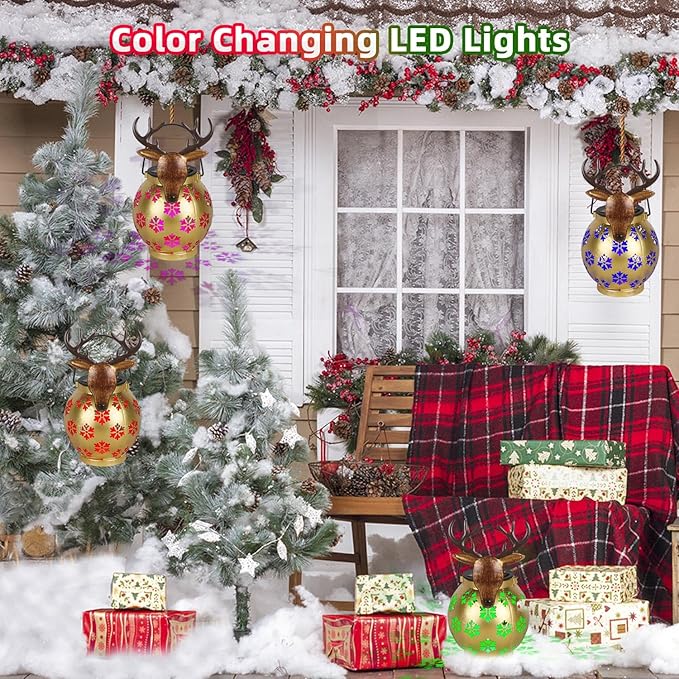 Gold Deer Christmas Lanterns Outdoor with LED Light and Hollow Snowflake Solar Reindeer Christmas Decorations Outside for Garden Patio Yard Porch Art Decoration