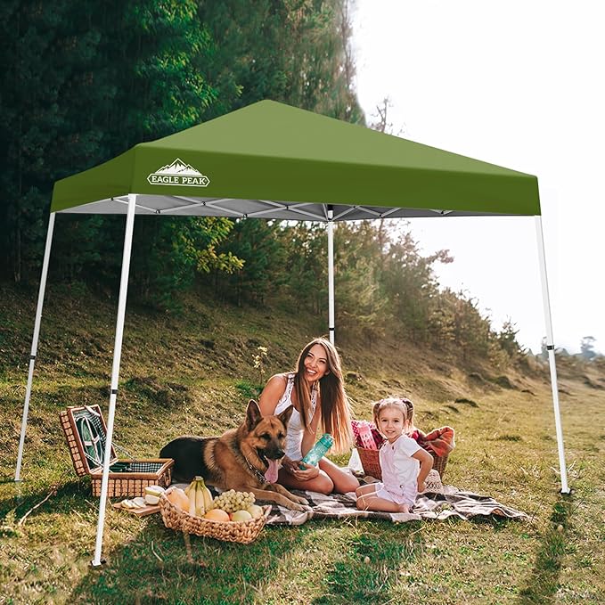 EAGLE PEAK 10x10 Slant Leg Pop-up Canopy Tent Easy One Person Setup Instant Outdoor Beach Canopy Folding Portable Sports Shelter 10x10 Base 8x8 Top (Grass Green)