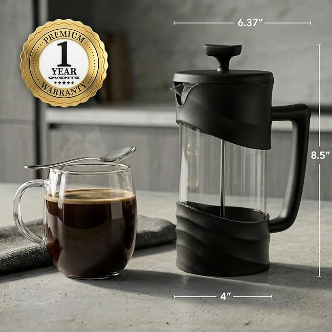 OVENTE French Press Coffee Maker 34 Ounce with Heat Resistant Borosilicate Glass & Stainless Steel 4-Level Filtration System, Portable Cold Brew Coffee Maker for Travel, Camping or Gift, Black FPW34B