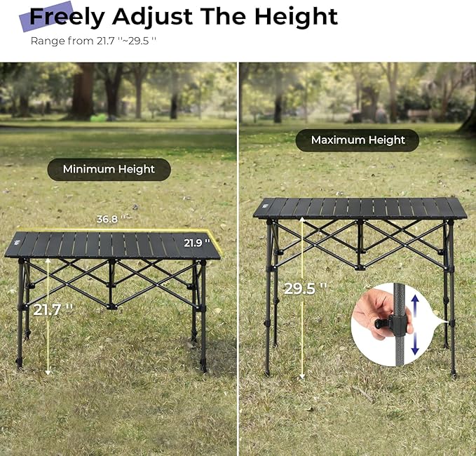 Camping Table Folding Portable Camp Aluminum Fold Up Lightweight Roll Up Table Adjustable Height with Carry Bag Indoor Outdoor for Camping, Picnic, Backyard, BBQ, Patio, Black
