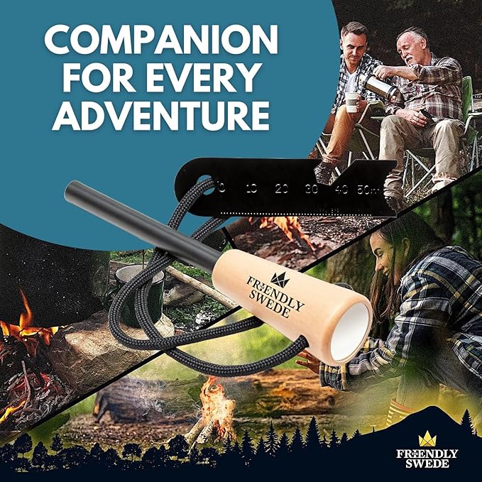 The Friendly Swede Ferro Rod Fire Starter Tool — Flint and Steel Fire Starter Survival Tool with Wooden Handle; Weatherproof Firestarter for Camping, Hiking & BBQs; Compact with Optimal Grip