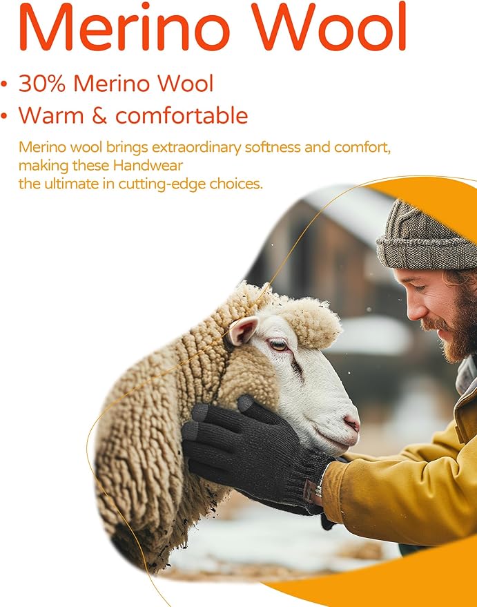 Merino Wool Gloves for Women Men, Touch Screen Warm Glove Liners Thermal Soft Knit Lining for Winter Running Hiking