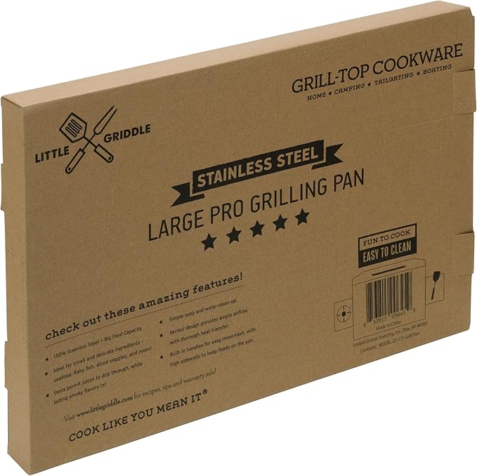 LITTLE GRIDDLE - Large Pro Grill Pan, High sidewalls with built-in handles, Stainless Steel Material, Big Food Capacity and Vented Design - Durable and Easy to Clean