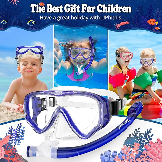U PHITNIS Kids Snorkel Set for Age 4-14 - Dry Top Snorkeling Gear for Kids Junior & Youth - Childs Diving Mask with Big Eyes for Boys Girls - Anti-Fog Snorkeling Mask and Snorkel Set