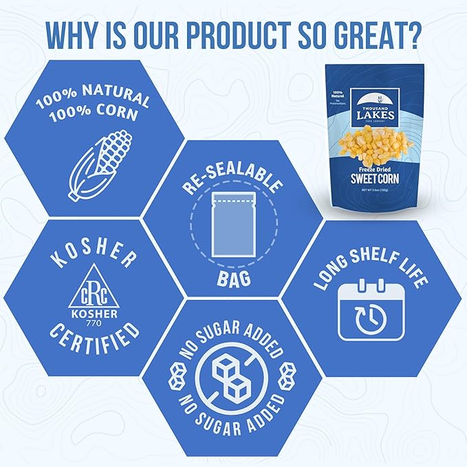 Thousand Lakes Freeze Dried Vegetables - Sweet Corn 2-pack 3.6 ounces (7.2 ounces total) | 100% Whole Sweet Corn Kernels