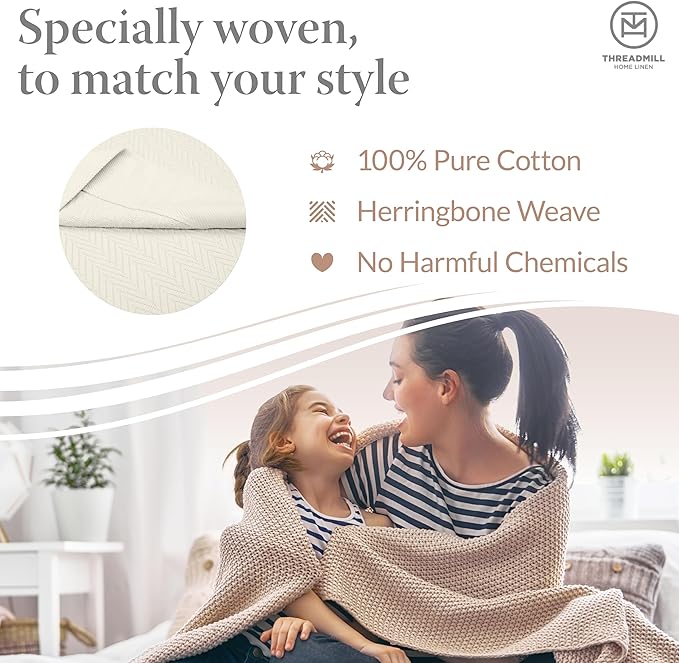 Threadmill Luxury Cotton Blankets for King Size Bed | All-Season Cozy 100% Cotton King Size Blanket | Herringbone Soft Fall Thermal Blanket fits Cal King Size Bed | Tusk White