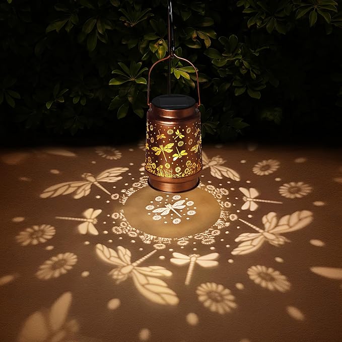 2 Pack Dragonfly Solar Lanterns Outdoor Waterproof Rose Garden Decor Gifts for Women Mom Grandma Hanging Solar Lights Metal Lantern Decoration Outside for Yard,Patio,Backyard,Porch