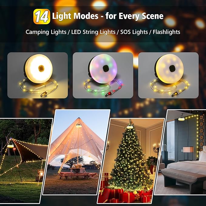 2PCS Camping String Lights 33ft, 4 in 1 Rechargeable 100LED Outdoor Tent String Lights with 14 Lighting Modes Remote Control Waterproof with Timer Function for Camping Gear Essentials Hiking Garden
