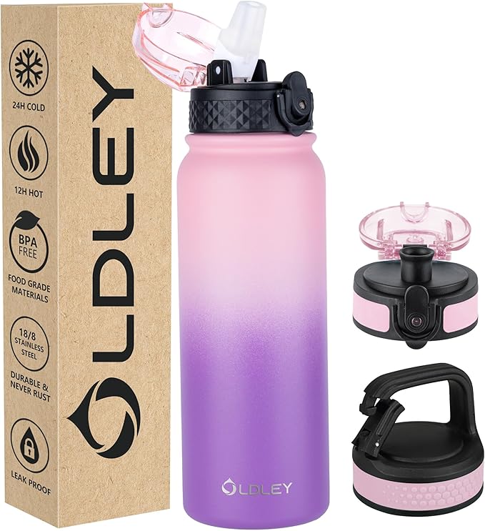 OLDLEY Insulated Water Bottle 20oz Water Bottles with Straw, Stainless Steel Water Bottle with 3 Lids, Double Wall Vacuum Bottles for Adult Kids, Sports Bottles for School Travel, Ombre Pink-Purple
