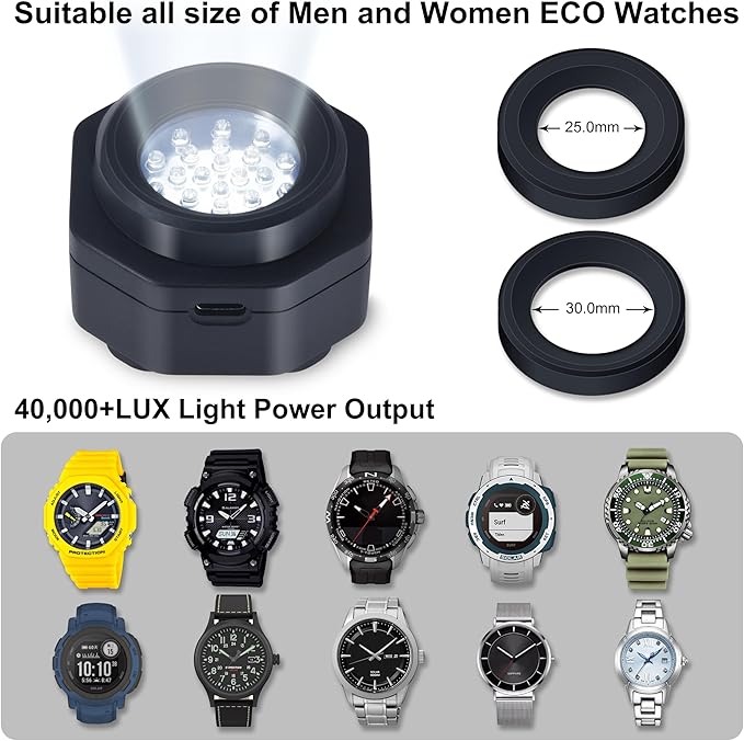 CoolFire (The Original) - USB-C UV Free Solar Watch Fast Charger for All Eco Solar Watches. Safe 24/7 Charging (No 8H Timer Needed). Reloj Hombre Portable Charger. BK