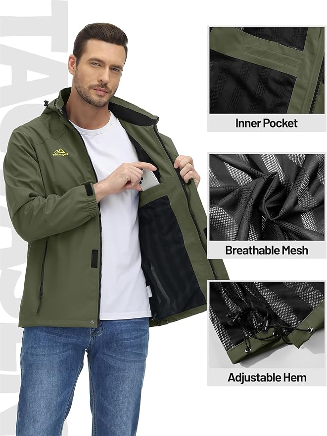 TACVASEN Men's Rain Jacket Lightweight Windbreaker with Hooded Water Resistant Outdoor Raincoat for Hiking Travel Camping