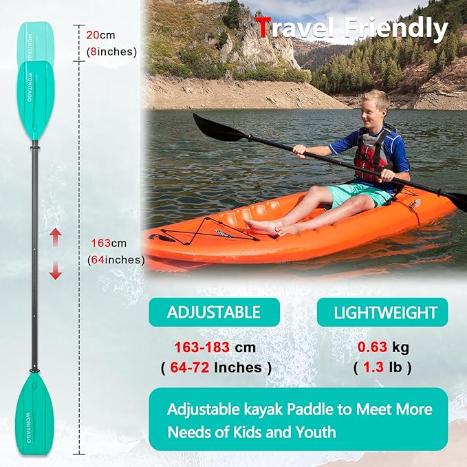 Kayak Paddles for Kid with Aluminum Shaft and PP Blade, Floating Kayaking Oars for Youth and Junior, Adjustable 163-183cm/64-72 Inches