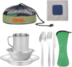 Stainless Steel Camping Cutlery Set - 8 Piece, Includes Spoons, Mugs, Bowls, Plates, Rags & Organizer Straps - Easy to Carry for Backpacking, Camping, Hiking and Picnics