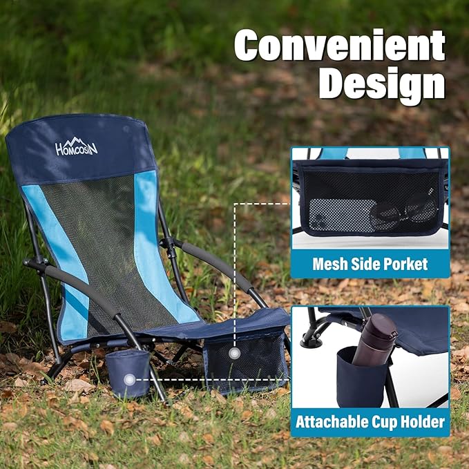 Homcosan Portable Low Folding Beach Chair - Lightweight Camping Chair for Adults with Cup Holder & Storage Pocket, Carry Bag Included (Navy & Blue)