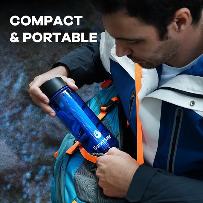 SurviMate Purified Water Bottle for Camping, Hiking, Backpacking and Travel, BPA Free with 5-Stage Intergrated Filter Straw