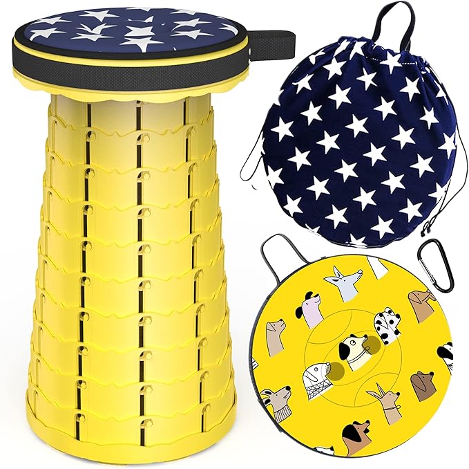 ALEVMOOM Upgraded Telescoping Collapsible Stool with Cushion, Folding Stool with Printing Portable Retractable Foldable Seat Max Load 550lbs for Adults Camping Fishing Outdoor