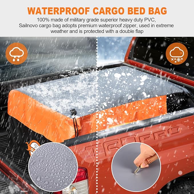 Sailnovo Truck Bed Cargo Bag, 36 Cubic ft 100% Waterproof Cargo Bag for Truck Bed, Heavy Duty PVC Truck Cargo Bag Fits Any Truck Size with 6 Stretch Cord, Packing Bag (59''x48''x22'')