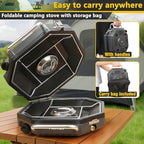 Camping Stove Propane, 2 Burner Camp Stove, 20,000 BTU Propane Camping Stoves, Portable Gas Stove with Windscreen, Storage Bag, Regulator for Picnic, BBQ, Tailgating