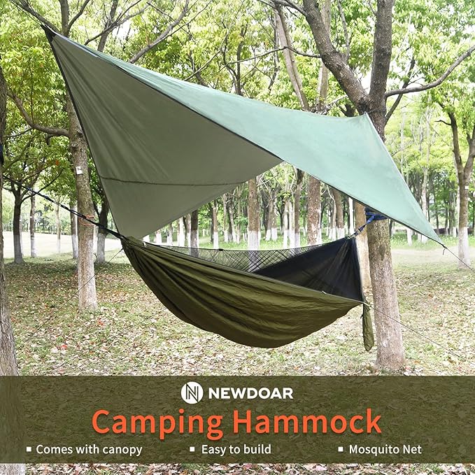 NewDoar Camping Hammock with Mosquito Net and Rain Fly Tarp,Portable Single Nylon Parachute Hammock Rainfly Set,Tree Straps Swing Hammock Bed for Outdoor Backpacking Backyard Hiking(ArmyGreen)