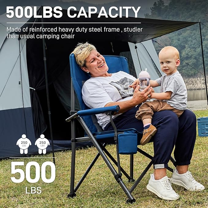 EVER ADVANCED Oversized Folding Camping Chair, for Adults Heavy Duty Lawn Chair with Side Pockets, Portable Collapsible Quad Chair for Outside, Support Up to 500lbs, Blue